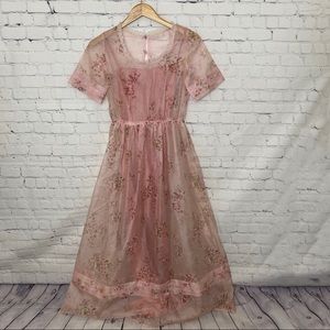 Vintage 1950s long floral sheer dress pink slip